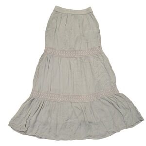 Sim Sam XS Maxi Skirt Gray Crochet Trim Tiered Gauze Boho Breezy Beach Summer